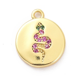 Фуксиновый Латунные микро проложить кубического циркония подвески, плоские круглые со змеей, красно-фиолетовые, 11.5x9.5x1.5 мм, отверстие : 1 мм