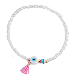 Белый Браслеты из стеклянного бисера, имитирующие оберег от сглаза, на резинке, браслеты с кисточками и подвесками для женщин, белые, внутренний диаметр: 6.89 дюйм (17.5 см)