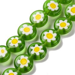 Зеленый лайм Handmade millefiori lampwork beads strands, плоско-круглые, зеленый лайм, 10x3.5 мм, отверстие : 0.8 мм, около 38 шт / нитка, 14.65'' (37.2 см)