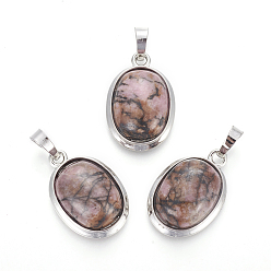 Родонит Природные подвески родонит, с латунной фурнитурой , овальные, платина, 25~26x17~17.5x8~9 мм, отверстие : 8x5 мм
