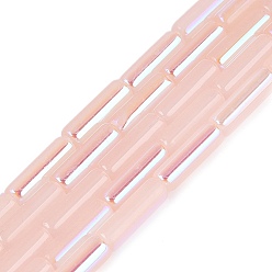 Misty Rose Electroplate Imitation Jade Glass Beads Strands, Tube, Rainbow Plated, Half Plated, Misty Rose, 13~13.5x4~4.5mm, Hole: 0.5~0.8mm, about 27~30pcs/strand, 13.98~15.75 inch(35.5~40cm)