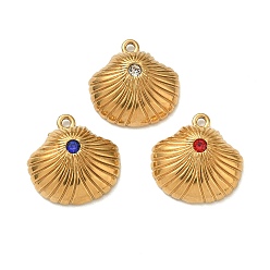 Настоящее золото 18K 304 подвески из нержавеющей стали, шарм в форме ракушки, со стразами, ионное покрытие (ip), реальный 18 k позолоченный, 17x17x5 мм, отверстие : 1.4 мм