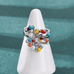 Платина Открытые кольца манжеты из латуни с микропаве и кубическим цирконием, фейерверк, с эмалью и абс пластика имитация жемчуга, покрытие арака, долговечный, без кадмия и без свинца, платина, размер США 7 1/4 (17.5 мм)