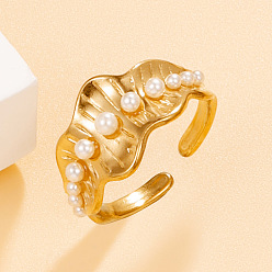 Золотой 304 Открытые кольца-манжеты из нержавеющей стали с имитацией жемчуга для женщин, кольца с волнистым краем, золотые, 17 мм