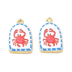 Red Printed Brass Pendants, Arch with Crab Charms, Rack Plating, Long-Lasting Plated, Lead Free & Cadmium Free, Real 18K Gold Plated, Red, 22.5x14.5x3.5mm, Hole: 1.5mm