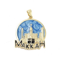 Dodger Blue Rack Plating Brass Enamel Pendants, Long-Lasting Plated, Lead Free & Cadmium Free, Real 18K Gold Plated, Flat Round with MAKKAH Charm, Dodger Blue, 30x26x3mm, Hole: 5.5x3.5mm