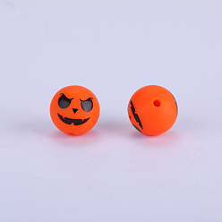 Orange Printed Round with Ghost Pattern Silicone Focal Beads, Orange, 15x15mm, Hole: 2mm