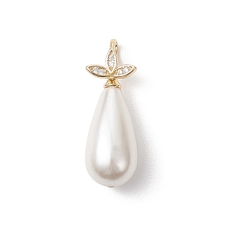 Белый Подвески в форме капли из жемчуга, покрытого гальваническим покрытием, с латунными микропаве из прозрачного кубического циркония и застежками, золотые, белые, 30.5x10.5 мм, отверстие : 5.5x3.5 мм