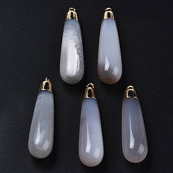 Light Grey Natural Agate Big Pendants, with Golden Brass Findings, Rack Plating, Teardrop, Light Grey, 60~61x14.5x14.5mm, Hole: 2mm