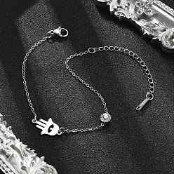 Palm 201 трос из нержавеющей стали цепи браслеты, 201 браслеты из нержавеющей стали ссылка для женщин, со стразами, цвет нержавеющей стали, ладони с глаз, 6-3/4 дюйм (17.1 см)