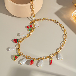 Настоящее золото 18K Океан 304 кулон из нержавеющей стали с эмалью, красной клубникой, арбузом и натуральным пресноводным жемчугом, цепочка-скрепка, нагрудник для женщин, реальный 18 k позолоченный, 17.13 дюйм (43.5 см)