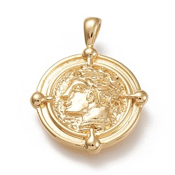 Real 18K Gold Plated Brass Pendants, Flat Round with Human, Real 18K Gold Plated, 31.5x24.5x3mm, Hole: 3x5mm