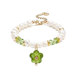 Yellow Green Lampwork Flower Charm Bracelet, Natural Pearl & Glass Beaded Dainty Bracelet for Women, Yellow Green, 7-1/2 inch(19cm)