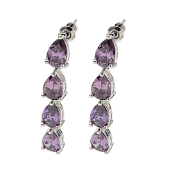 Medium Orchid Rack Plating Platinum Tone Brass Cubic Zirconia Studs Earrings for Women, Teardrop, Medium Orchid, 41x7mm