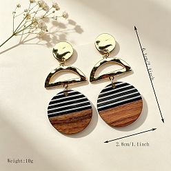 Flat Round Alloy Stud Earrings, Resin & Wood Dangle Earrings, Golden, Flat Round, 61x28mm
