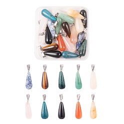 Mixed Stone 20Pcs 10 Style Natural Gemstone Pendants, with Stainless Steel Snap On Bails, Teardrop, 28x10mm, Hole: 6mm, 2pcs/style