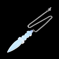 Opalite Opalite Dowsing Pendulum Pointed Pendants, with Iron Chain & Glass, Bullet Charms, Silver Color Plated, 259~265mm, Hole: 2mm