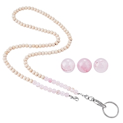 Rose Quartz Natural Rose Quartz & Wood Beaded Name Card Holder, ID Badge Holder, Zinc Alloy Lobster Claw Clasps and Nylon Thread, 495mm