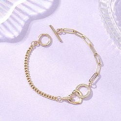 Настоящее золото 18K Браслеты из латунных звеньев с микропаве из прозрачных кубических цирконий в форме сердца и кольца, латунные браслеты из скрепок и цепочек панцирного плетения для женщин, с 304 из нержавеющей стали тумблеров застежками, реальный 18 k позолоченный, 7.68 дюйм (19.5 см)