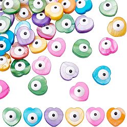 Mixed Color 40Pcs Natural Freshwater Shell Beads, with Enamel, Double-Faced, Heart with Evil Eye, Dyed, Mixed Color, 13x13~14x4~6mm, Hole: 0.8mm