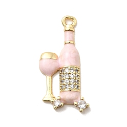 Pink Латунные микро проложить кубического циркония подвески, винные бутылки и бокалы, с эмалью, долговечный, стойки покрытие, без свинца и без кадмия, реальный 18 k позолоченный, розовые, 26.5x14x3.5 мм, отверстие : 1.8 мм
