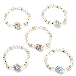 Mixed Color Synthetic Moonstone & Plastic Pearl & Hematite Beaded Stretch Bracelet, Rhinestone Disco Beads Bracelet, Mixed Color, Inner Diameter: 2-1/4 inch(5.7cm)