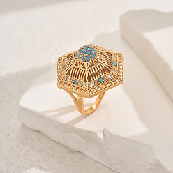 Бирюза Геометрические латунные микропаве кубические цирконии регулируемые кольца для женщин, золотые, бирюзовые, 28 мм, внутренний диаметр: регулируемый