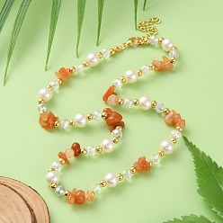 Темный Лосось Ожерелья из натурального красного авантюрина, искусственного жемчуга и латунных бусин для женщин, с золотистым оттенком 304 концевая цепь из нержавеющей стали, темный лосось, 16.54 дюйм (42 см)