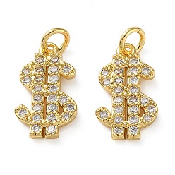Настоящее золото 18K Латунные микропаве прозрачные подвески с фианитом, подвески в виде знака доллара, реальный 18 k позолоченный, 16.5x10x2 мм, отверстие : 3.5 мм