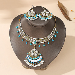 Золотой Ожерелье и серьги с подвеской из цветочного сплава и пластика с жемчугом и стразами, золотые, 410 мм и 55x35 мм