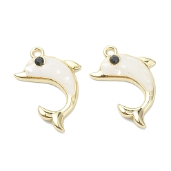 White Alloy Enamel Pendants, with Shell Beads and Rhinestone, Dolphin, Light Gold, White, 23x16x3.5mm, Hole: 1.6mm