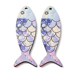 Лиловый Двусторонние деревянные большие подвески с печатью, рыбы прелести, сирень, 59.5x18.5x2.5 мм, отверстие : 2.5 мм