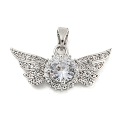 Platinum Brass Micro Pave Cubic Zirconia Pendants, Wings, Platinum, 12x25x5mm, Hole: 5x3mm