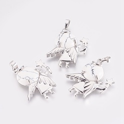 Говлит Природные подвески Говлит, с латунной фурнитурой платинового цвета, ангел, 37x32x8 мм, отверстие : 5x8 мм
