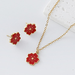 Red 304 Stainless Steel Enamel Flower Pendant Necklace & Stud Earrings Set for Women, Golden, Red, 450mm, Pendant: 15x12mm
