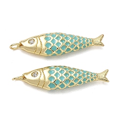Real 18K Gold Plated Brass Micro Pave Clear Cubic Zirconia Pendants, with Sky Blue Enamel & Jump Ring, Fish Charms, Cadmium Free & Lead Free, Long-Lasting Plated, Rack Plating, Real 18K Gold Plated, 39x10x5.5mm, Hole: 3.5mm