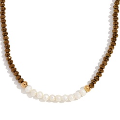 Верблюжий Модное женское ожерелье с жемчугом в европейском стиле, ручная работа, нержавеющая сталь, пресноводный жемчуг, хрусталь с глубокой огранкой