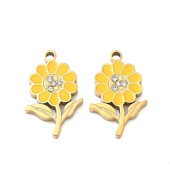 Желтый 304 нержавеющей стальной эмали подвески, со стразами, прелести подсолнуха, ионное покрытие (ip), реальный 18 k позолоченный, желтые, 18x11x2 мм, отверстие : 1.2 мм