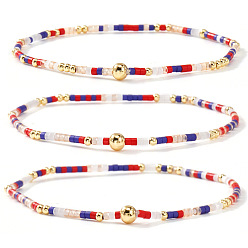 Red Boho Round Brass and Glass Seed Beaded Stretch Stackable Bracelet Sets, Golden, Red, 6.50 inch(16.5cm), 3pcs/set