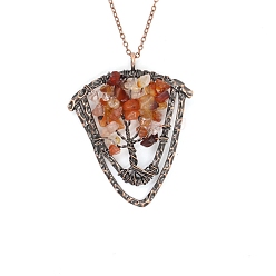 Carnelian Natural Carnelian Brass Wire Wrapped Pendants, with Alloy Fingdings, Triangle with Tree, Antique Bronze, 53x48mm