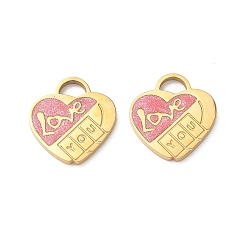 Real 18K Gold Plated Valentine's Day 304 Stainless Steel Enamel Pendants, Heart with Word Love You Charms, with Glitter Powder, Real 18K Gold Plated, 13.5x13x1.5mm, Hole: 3.5x2.5mm
