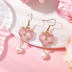 Pink Стеклянные бусины в форме сердца серьги-подвески, с 304 крючками для сережек из нержавеющей стали и натуральным розовым кварцем, золотые, розовые, 52x17.5 мм