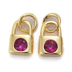 Medium Violet Red Brass Micro Pave Cubic Zirconia Pendants, Long-Lasting Plated, Golden, with Jump Rings, Lock, Medium Violet Red, 9x6x2.5mm, Hole: 3mm