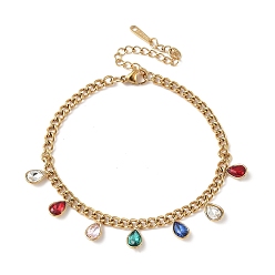 Разноцветный 304 браслеты с подвесками в форме слезы из нержавеющей стали со стразами, браслеты из цепочек панцирного плетения для женщин, золотые, красочный, 7-1/8 дюйм (18.2 см)