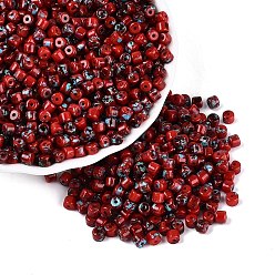 Dark Red Opaque Picasso Glass Beads, Column, Dark Red, 4x3.5mm, Hole: 0.9~1mm, about 3461pcs/pound