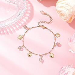 Fuchsite Браслеты с подвесками из натурального фуксита круглой формы, 304 Браслеты из нержавеющей стали с подвесками в виде сердечек для женщин, 7-1/8 дюйм (18 см)