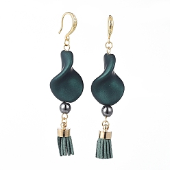Dark Green Rubberized Style Acrylic Dangle Earrings, with Brass Suede Cord Tassel Pendants, Non-Magnetic Synthetic Hematite Round Beads and Brass Earring Hooks, Twist, Dark Green, 71mm, Pin: 0.8mm