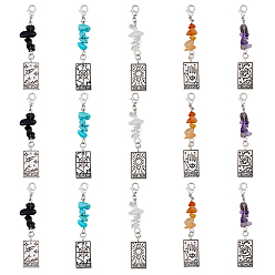Смешанные камни Прямоугольный кулон из сплава с узором Таро, украшение, с латунными застежками-карабинами и крошкой из драгоценных камней, 70 мм, 5 стиль, 1 шт / стиль, 5 шт / комплект