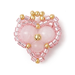 Pink Подвески в форме сердца из стеклянных бусин, с натуральным розовым кварцем бисера, розовые, 20.5x17.5x6.5 мм, отверстие : 2.5 мм