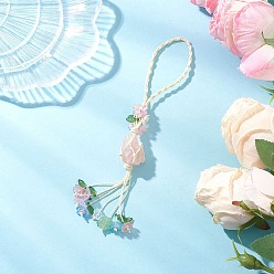 Розовый Кварц Самородки натурального розового кварца в сетчатом мешочке, подвеска, украшение, подвесные украшения для автомобиля из плетеных ниток и акриловых цветочных кисточек, 185 мм